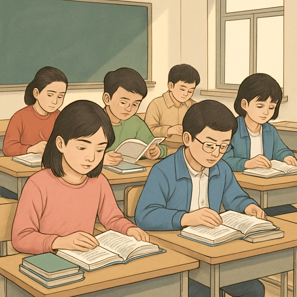 A group of students in China intensely focused on their studies, illustrating the competitive nature of the Chinese education system. Chinese students studying for high-stakes exams, showcasing academic rigor.