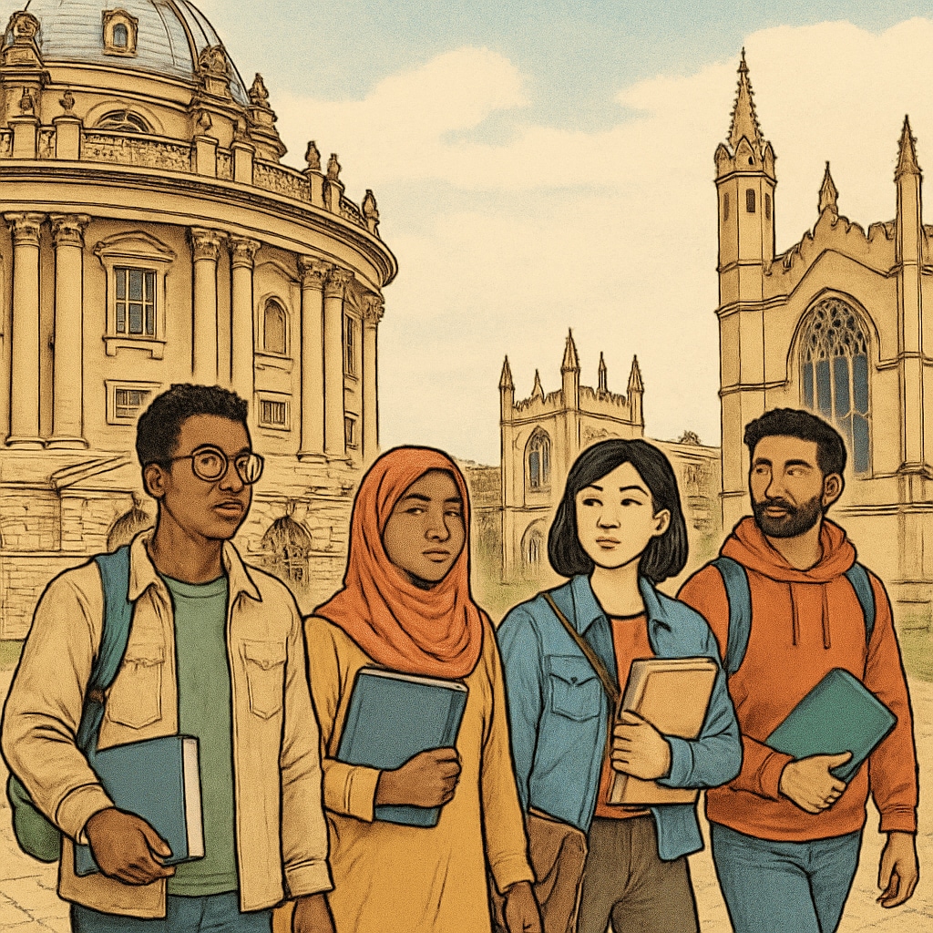 Diverse students on Oxford University campus highlighting immigrant education challenges