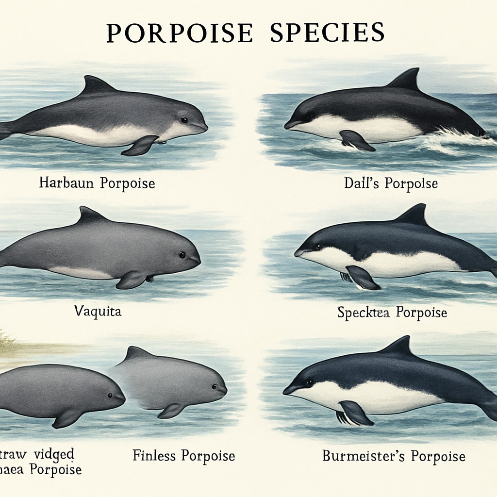 A detailed illustration of the seven porpoise species, showcasing their physical differences and preferred habitats. Illustration of porpoise species for marine biodiversity education.