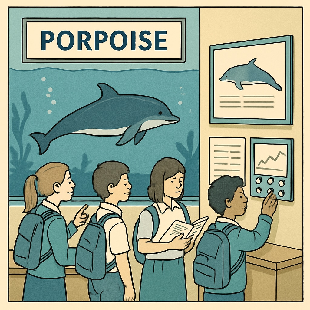 Students observing a porpoise exhibit at an aquarium, engaging with interactive educational tools. Children learning about porpoises at an aquarium exhibit.