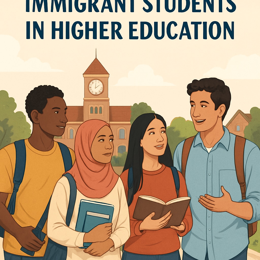 A photo depicting a diverse group of students walking on a university campus, symbolizing the challenges faced by immigrant students in higher education. Diverse group of students walking on campus; challenges for immigrant students in education.