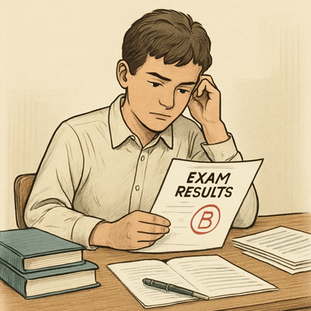 A thoughtful student sitting at a desk, reviewing exam results and looking introspective. A student reflecting on GCSE results and considering future prospects.
