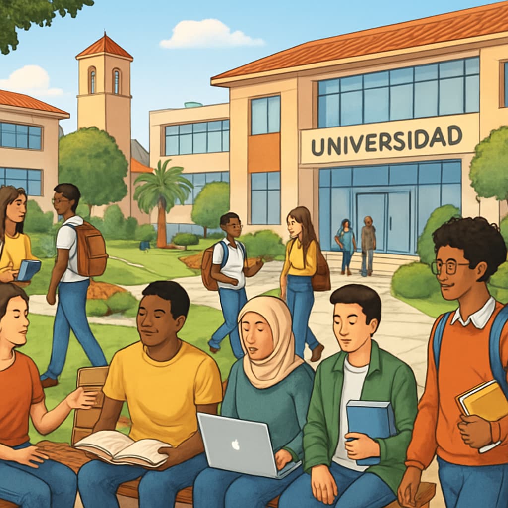 A bustling Spanish university campus with students from diverse backgrounds interacting and studying together. Spanish university campus with students from various cultures.