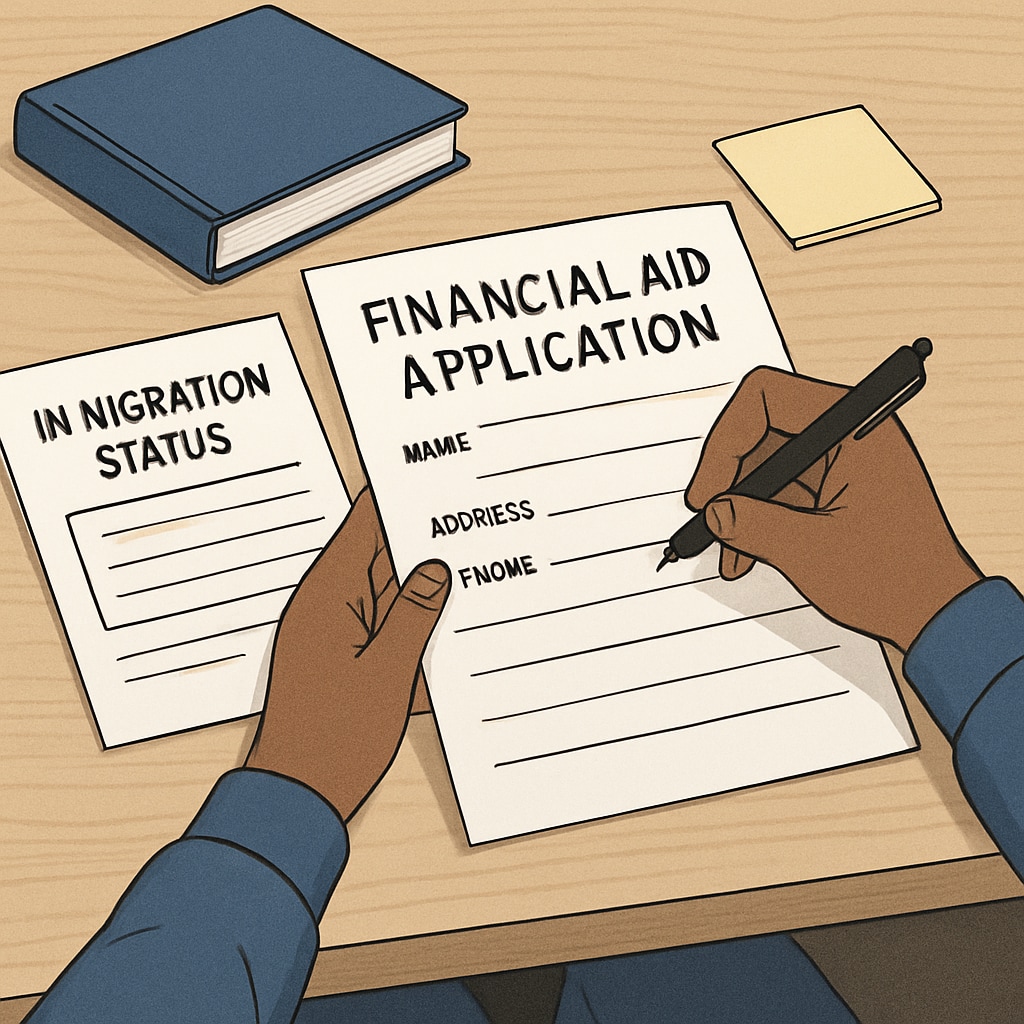 An image showing a financial aid application form and a student’s hands holding a pen, representing the struggles of immigrant students in accessing funding. Financial aid application form; struggles of immigrant students funding their education.