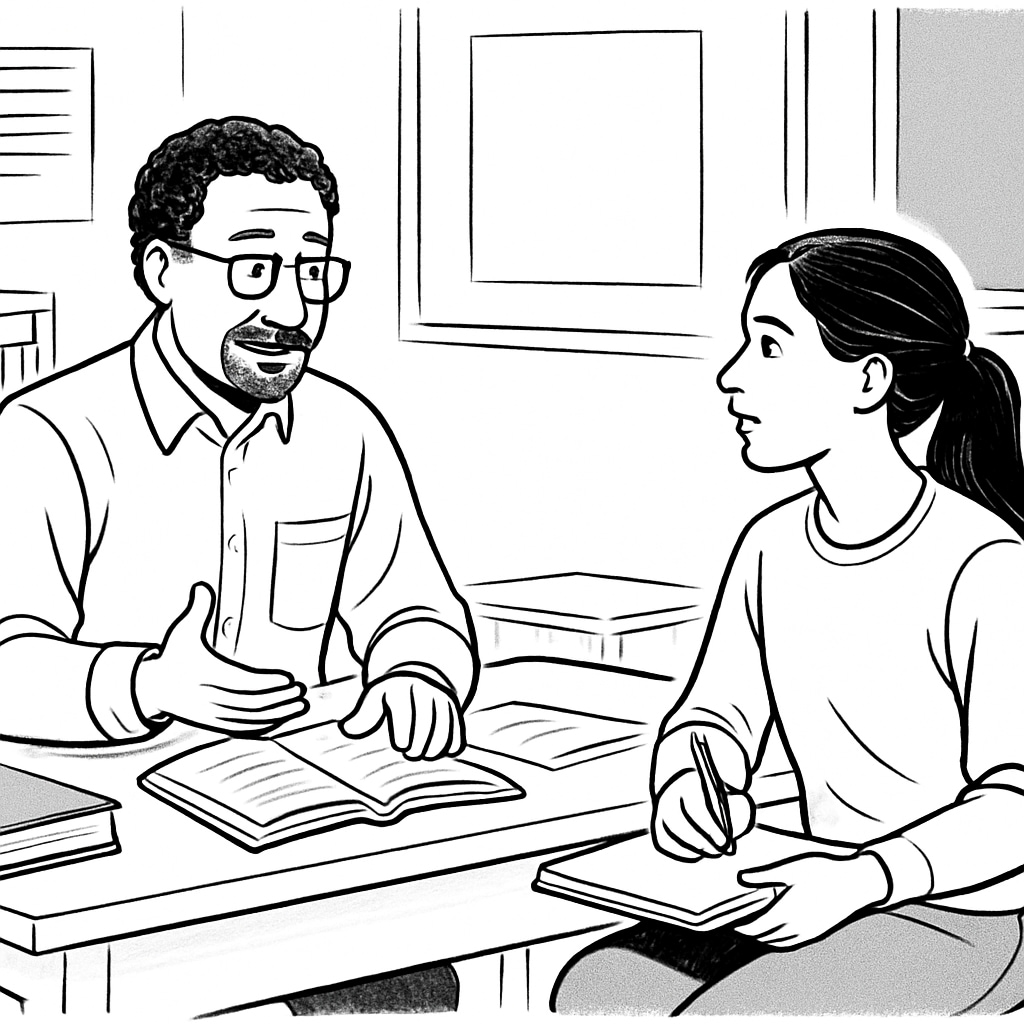 A teacher or mentor having a supportive conversation with a student, providing advice on next steps. A teacher guiding a student who is worried about academic anxiety and future prospects.