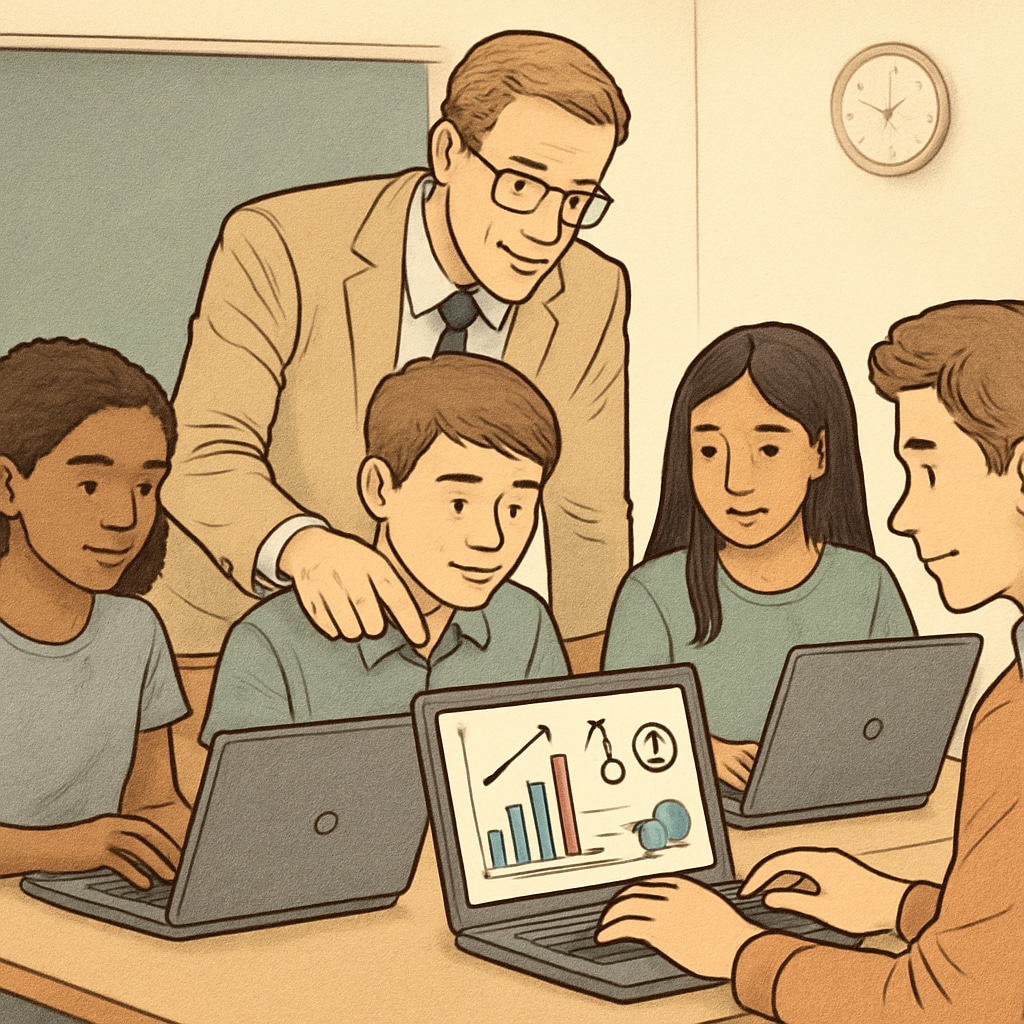 Teacher instructing students in a business simulation activity
