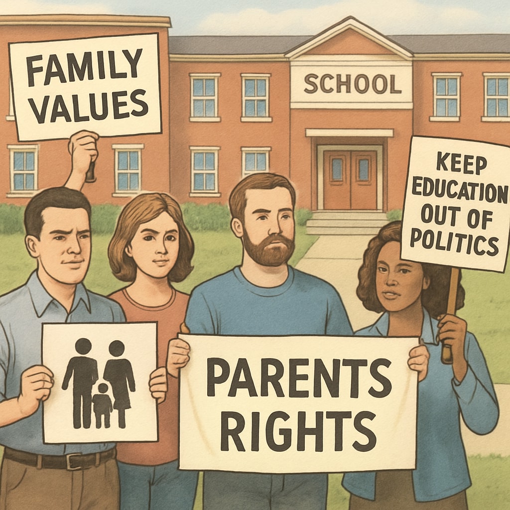 A group of parents protesting outside a school, emphasizing the clash between family values and institutional policies. Parents protesting strict school attendance policies outside a school.