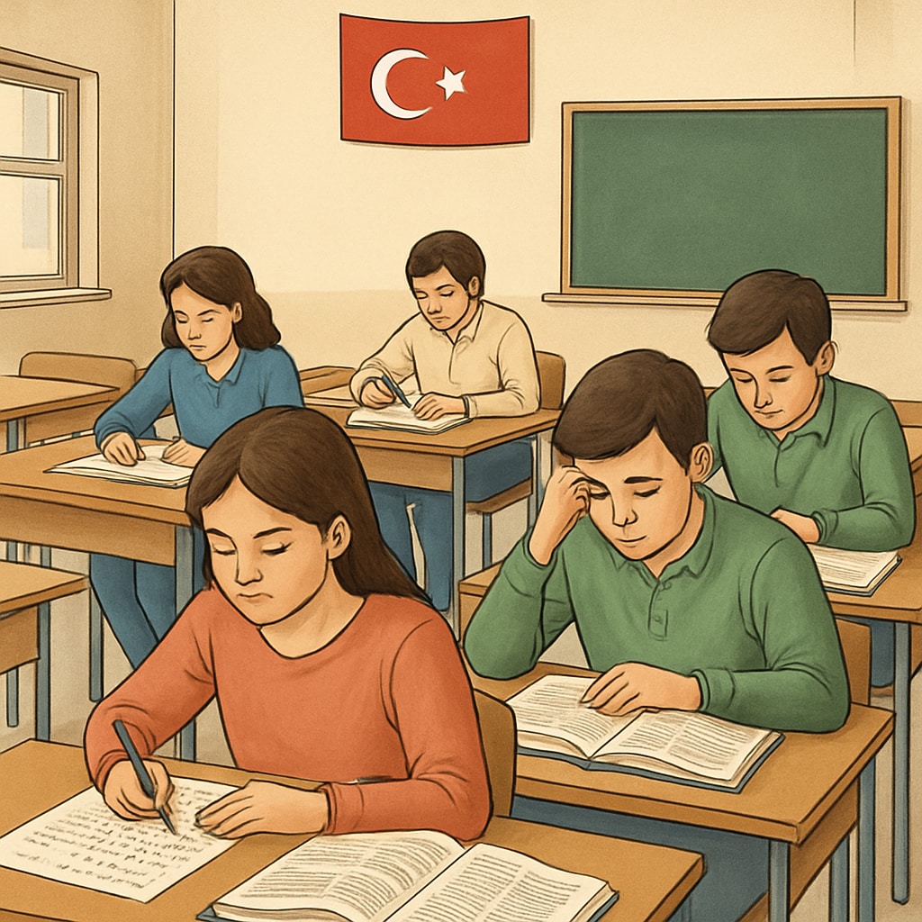 Students preparing for standardized exams in a Turkish classroom, reflecting exam-driven education.