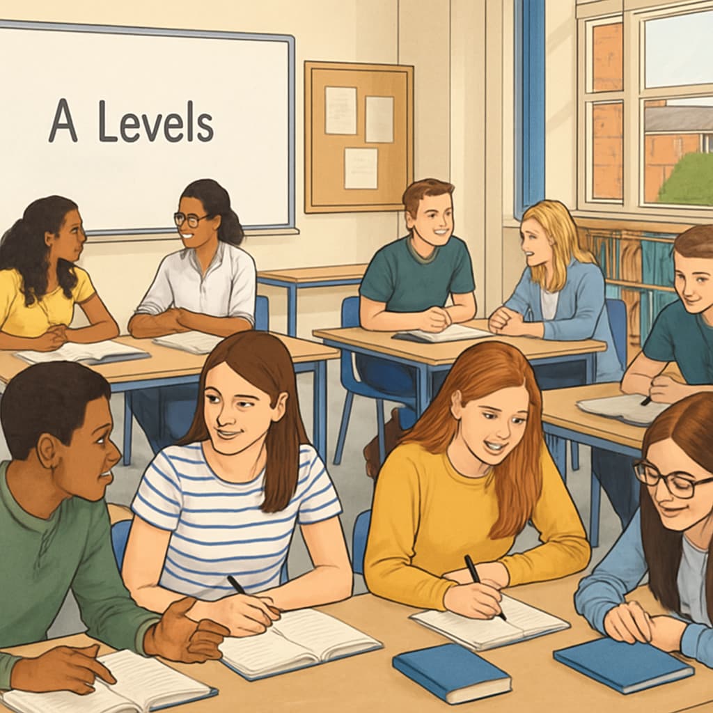 British students collaborating on A Levels coursework, showcasing interest-based education.