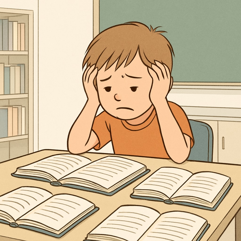 A child sitting in front of books, looking frustrated, symbolizing the struggles faced by special education needs students. Special education needs student struggling with school application challenges.