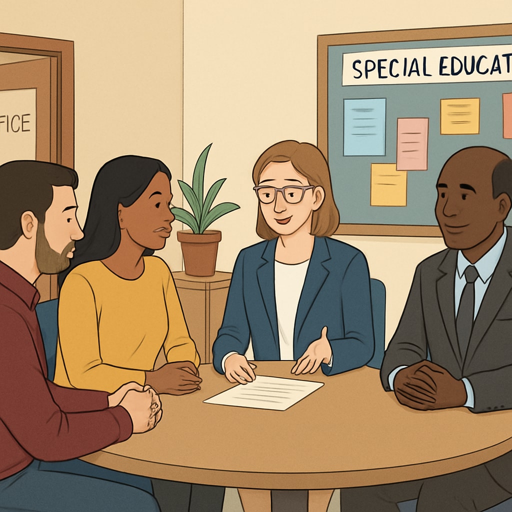 A meeting between parents and school administrators, symbolizing the advocacy efforts of families for special education needs students. Parents advocating for fair school placements for special education needs students.