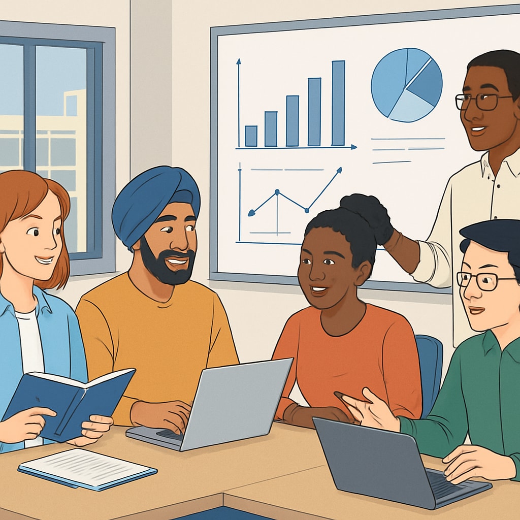 A diverse group of international students studying data science concepts in a U.S. classroom, symbolizing global academic collaboration. International students learning data science in a classroom setting.