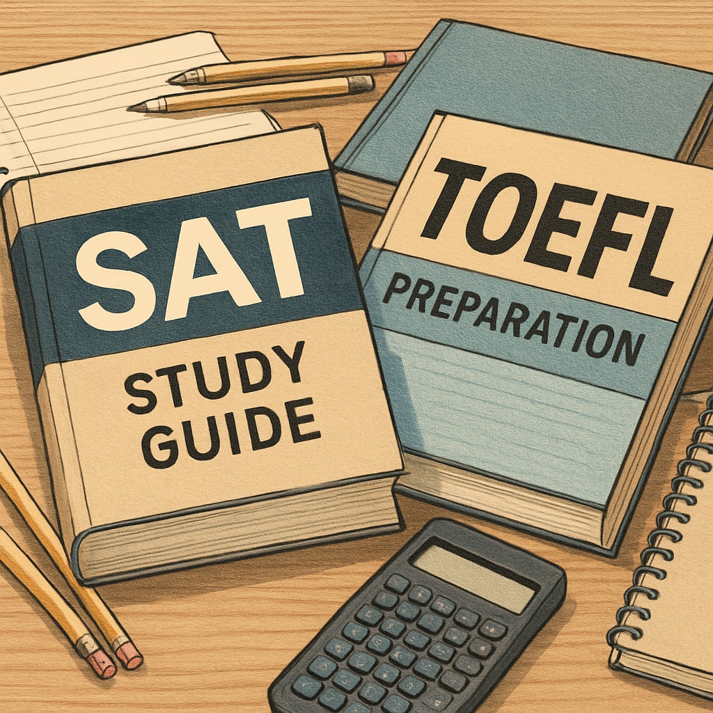 A close-up of standardized test preparation materials, such as SAT and TOEFL books, emphasizing the importance of exam readiness for international students. Standardized test preparation materials for SAT and TOEFL exams.