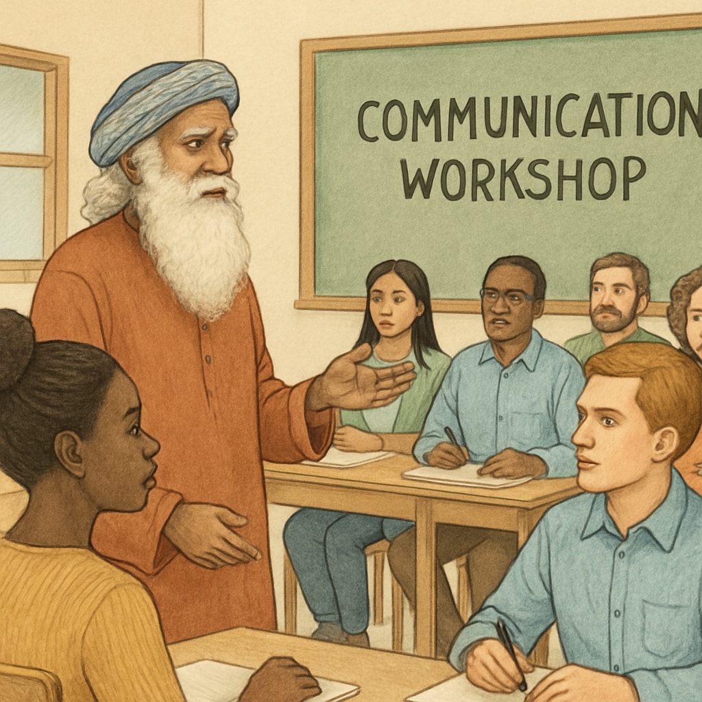 Sadhguru leading a communication workshop with diverse participants. Sadhguru teaching a diverse group of people about communication and leadership.