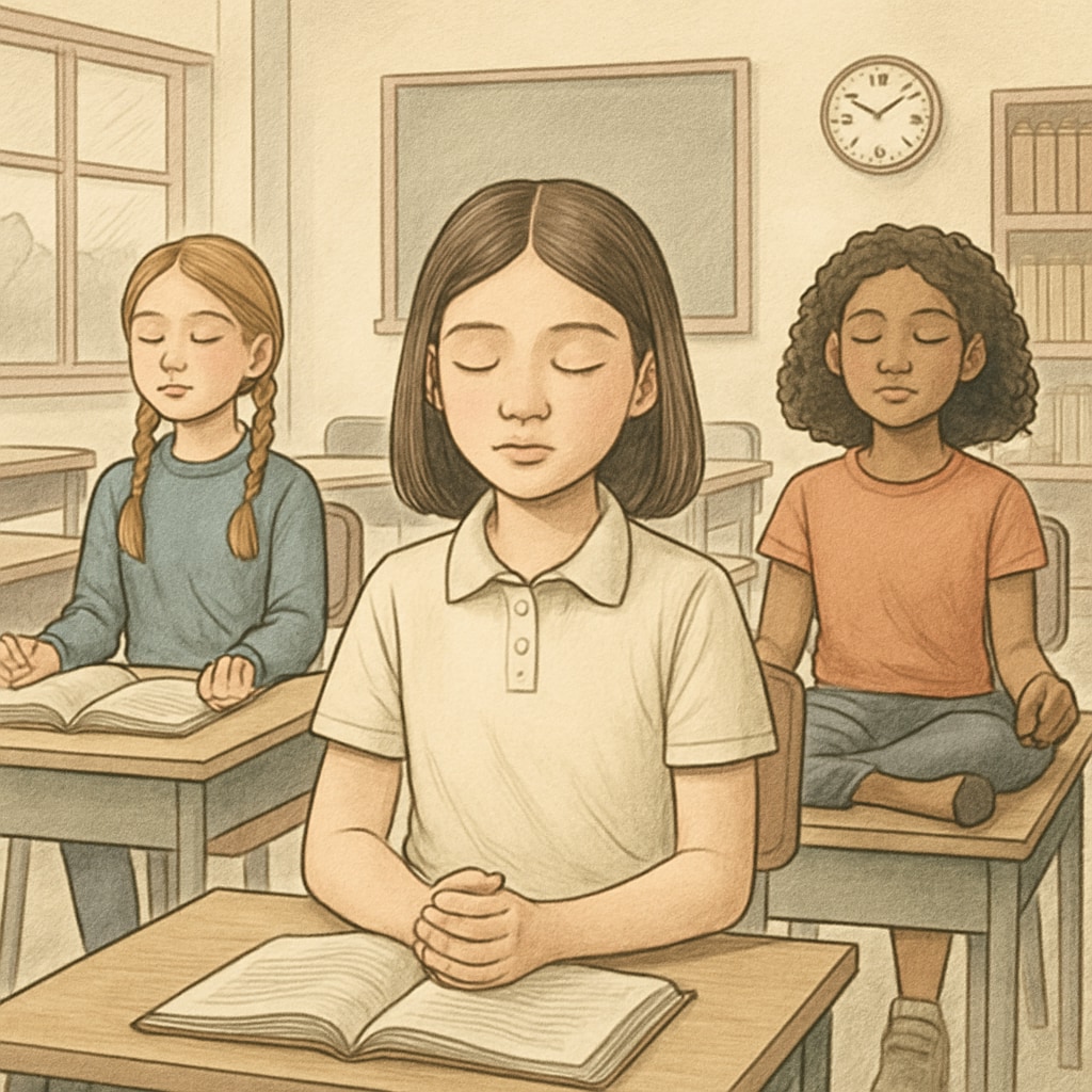 Young female students engaging in a group mindfulness exercise in a classroom. Female students practicing mindfulness as part of a leadership-building activity.