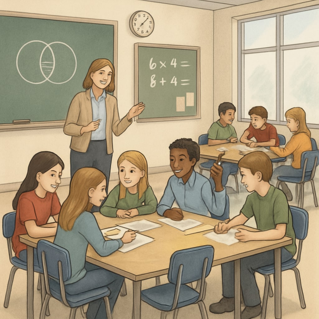 A classroom setting in the U.S. highlighting interactive and discussion-based learning. Students are seated in small groups, engaging in problem-solving activities with a teacher facilitating. A U.S. classroom showcasing interactive and discussion-based learning.