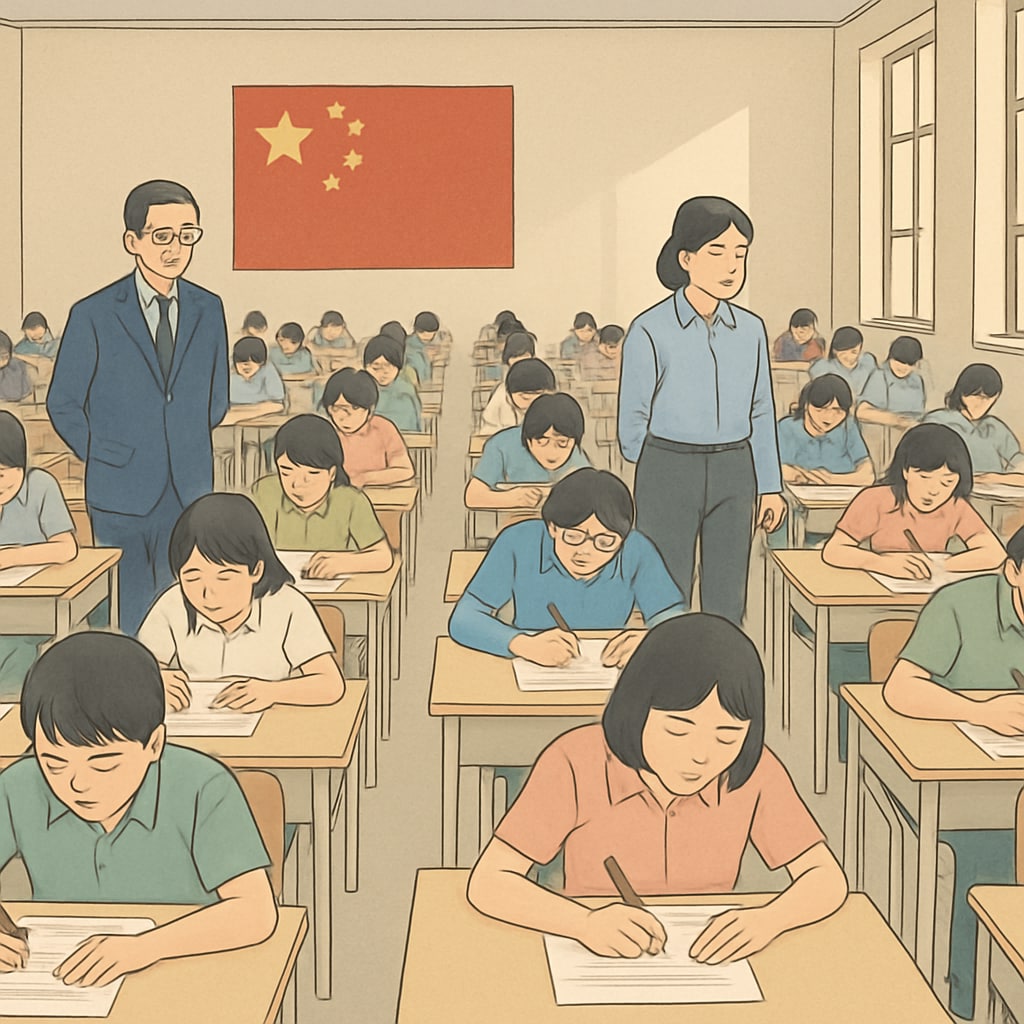 A testing environment in China showcasing students participating in a large-scale standardized exam. Rows of desks are lined up in a hall, with proctors monitoring the session. A Chinese testing environment demonstrating standardized exam culture.
