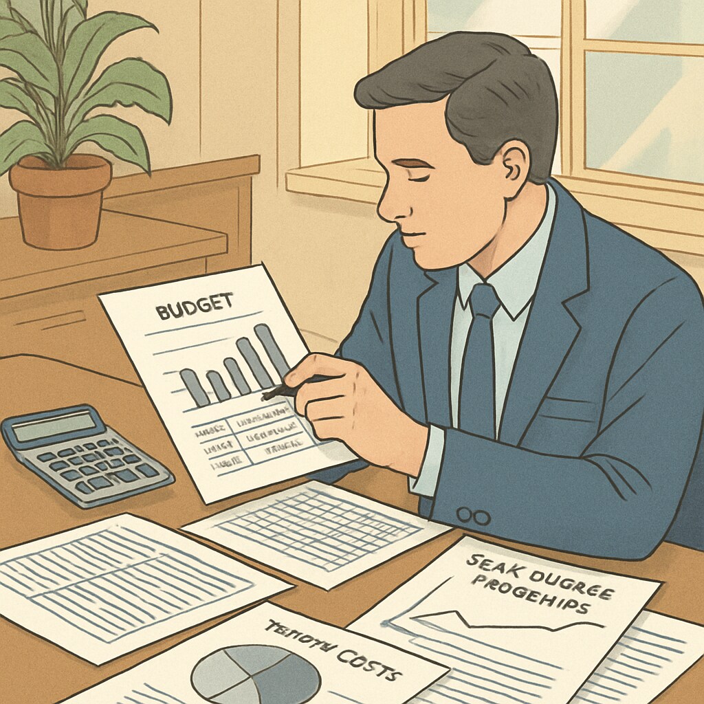 A financial planner reviewing budgets and tuition costs for dual-degree programs. Financial planning for online second degree and mechanical engineering studies.