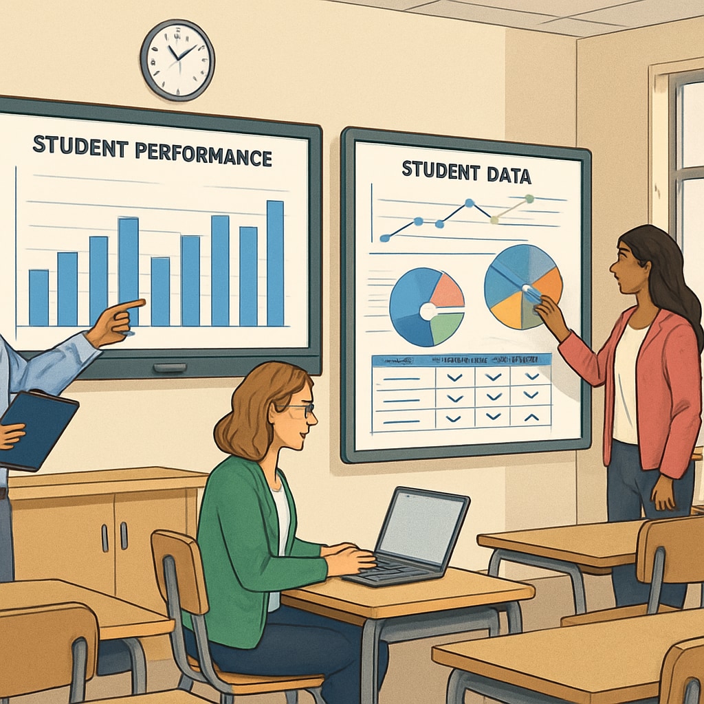 Educators using data analytics tools in a classroom to improve student learning outcomes.