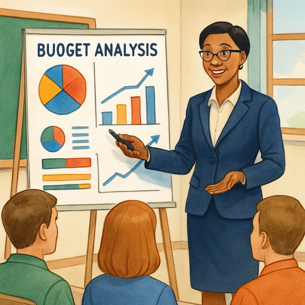 Advisor showcasing budget analysis to optimize school resources in an educational meeting.