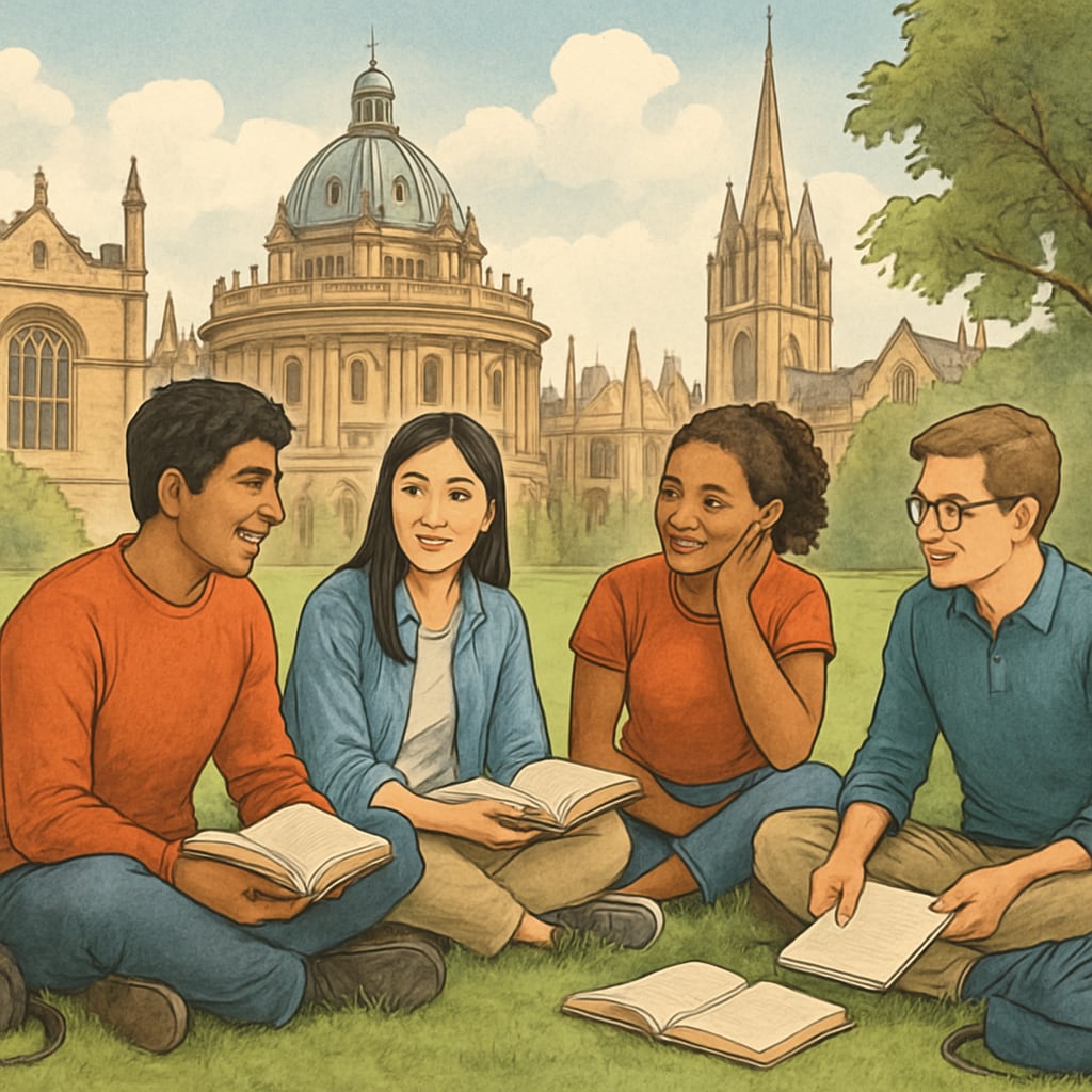 A diverse group of students sitting on Oxford University campus, symbolizing international education opportunities. Immigrant students and others sitting on the Oxford University campus.