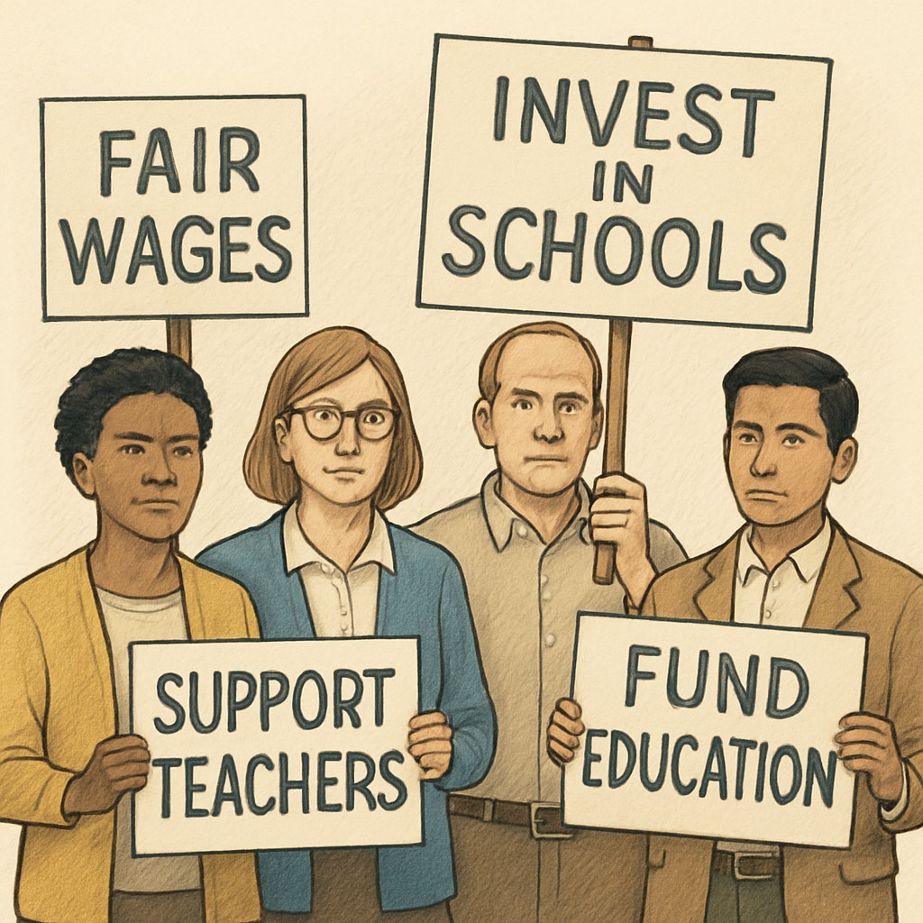 A group of teachers holding signs advocating for fair wages and better resources, symbolizing collective action in education. Teachers holding signs during Teacherless Tuesday, advocating for fair wages and better resources.
