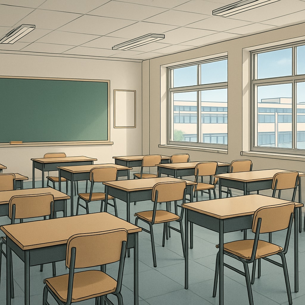 A school building with empty classrooms, symbolizing the impact of a coordinated teacher absence on the education system. Empty classrooms in a school during Teacherless Tuesday, representing collective teacher absenteeism.