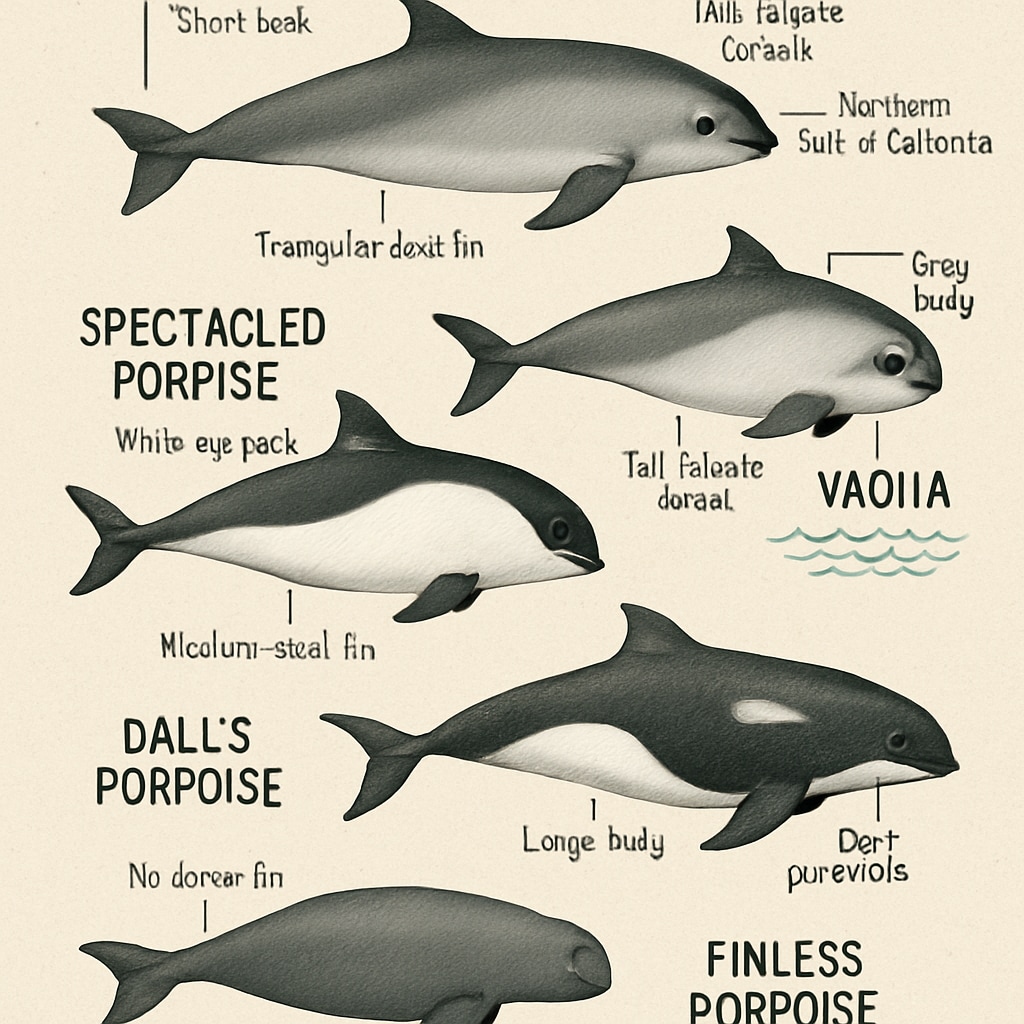 Illustration of different porpoise species showcasing physical traits and habitats.