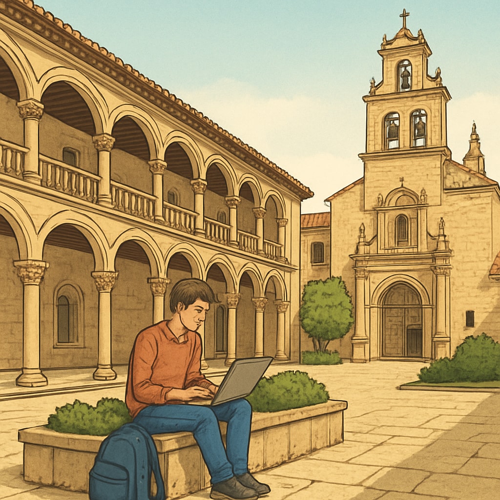 International student in a Spanish university courtyard