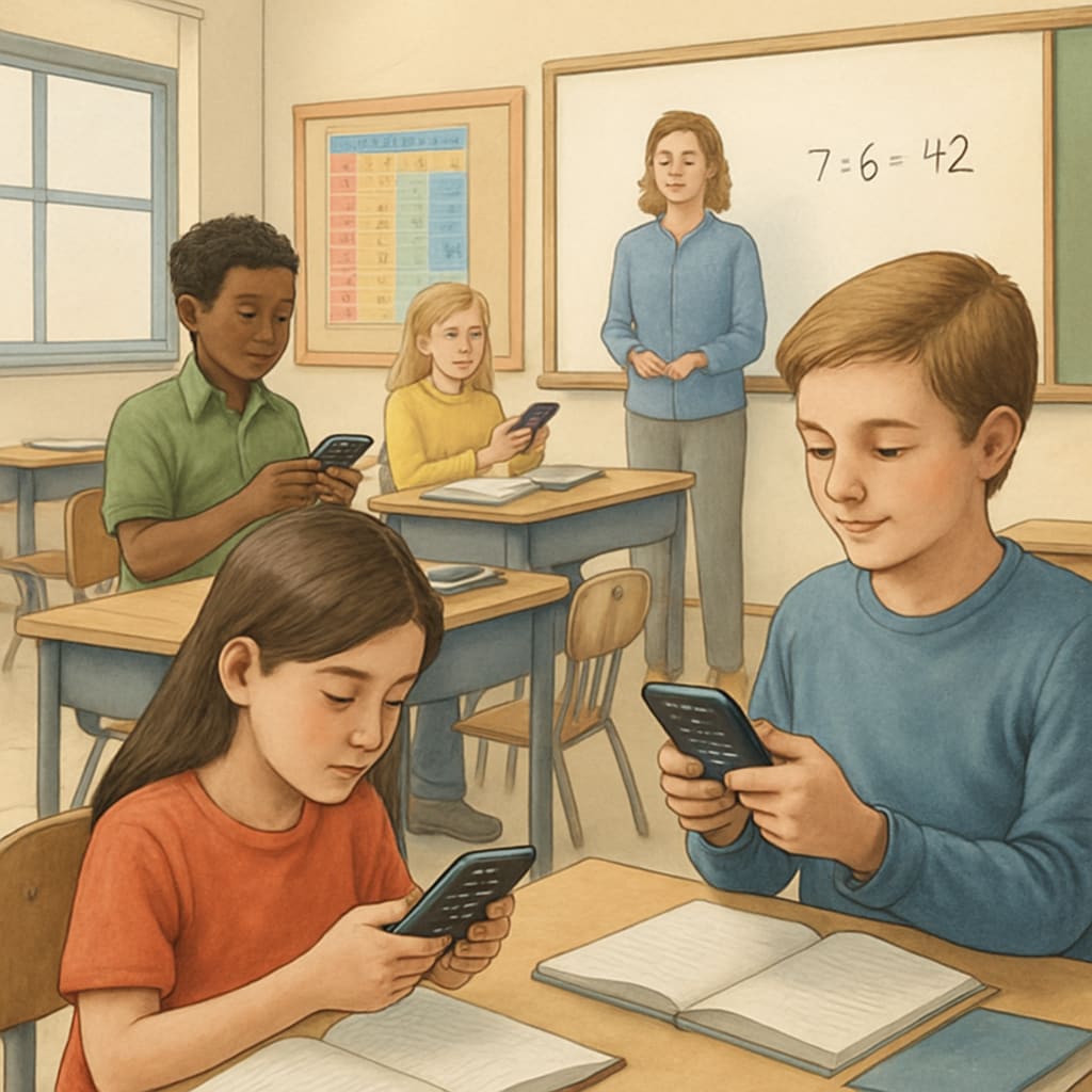 Students in a classroom setting actively using RPN calculators for math learning.