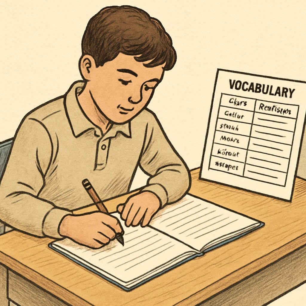 A 5th grade student practicing vocabulary during an ELA class.