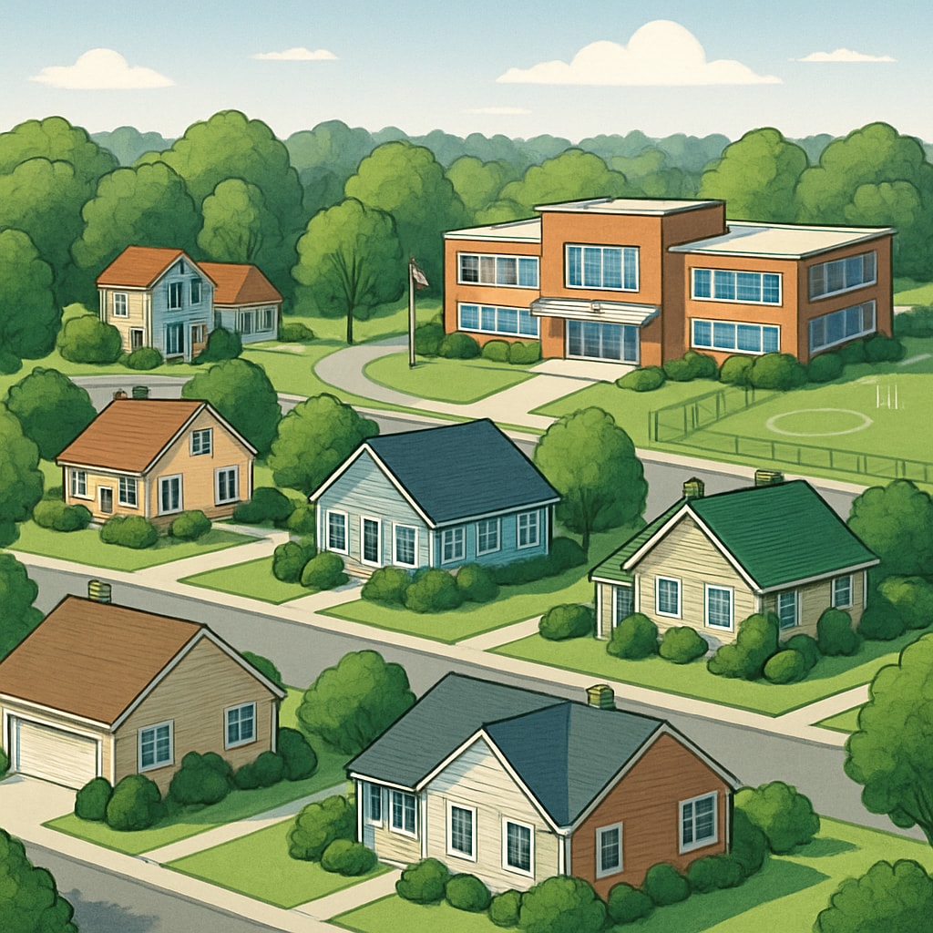 Suburban homes in a highly ranked school district illustrating the connection between school district rankings, real estate value, and education choices.