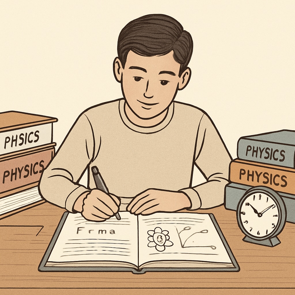 A student sitting at a desk with physics textbooks, notes, and a clock symbolizing time management. Time management for BSc Physics backlogs and exam preparation.