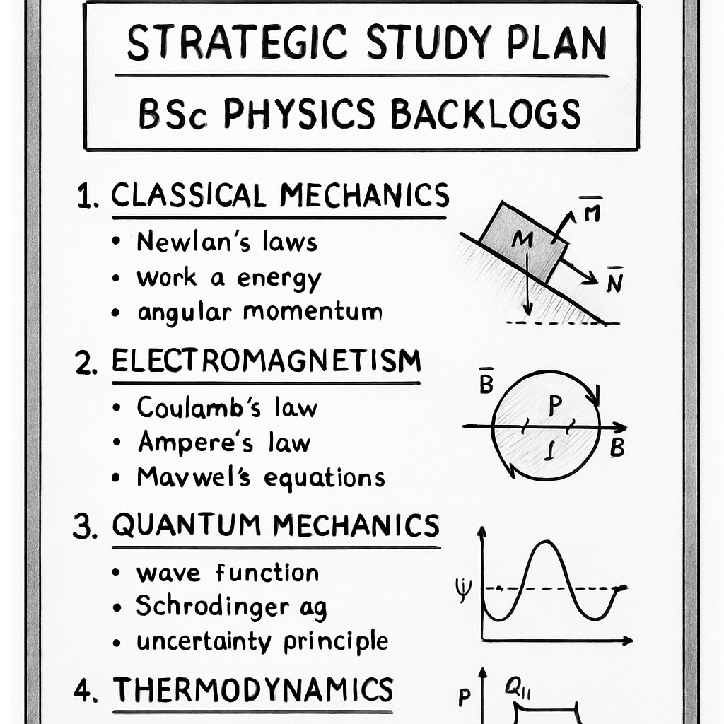A strategic study plan on a whiteboard with prioritized topics for BSc Physics backlogs. Prioritized study plan for clearing BSc Physics backlogs.