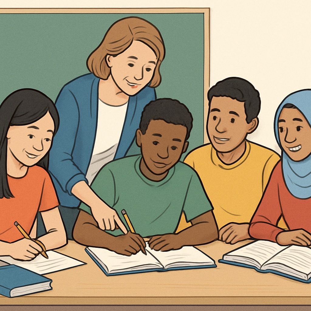 Students in a classroom engaging with a teacher in a supportive learning environment.