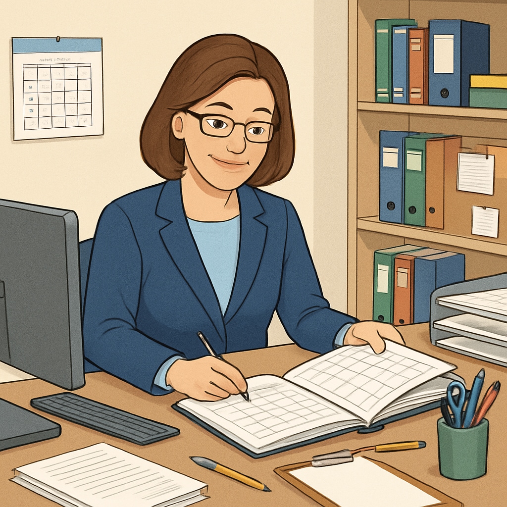 School office manager handling administrative duties in an educational setting.