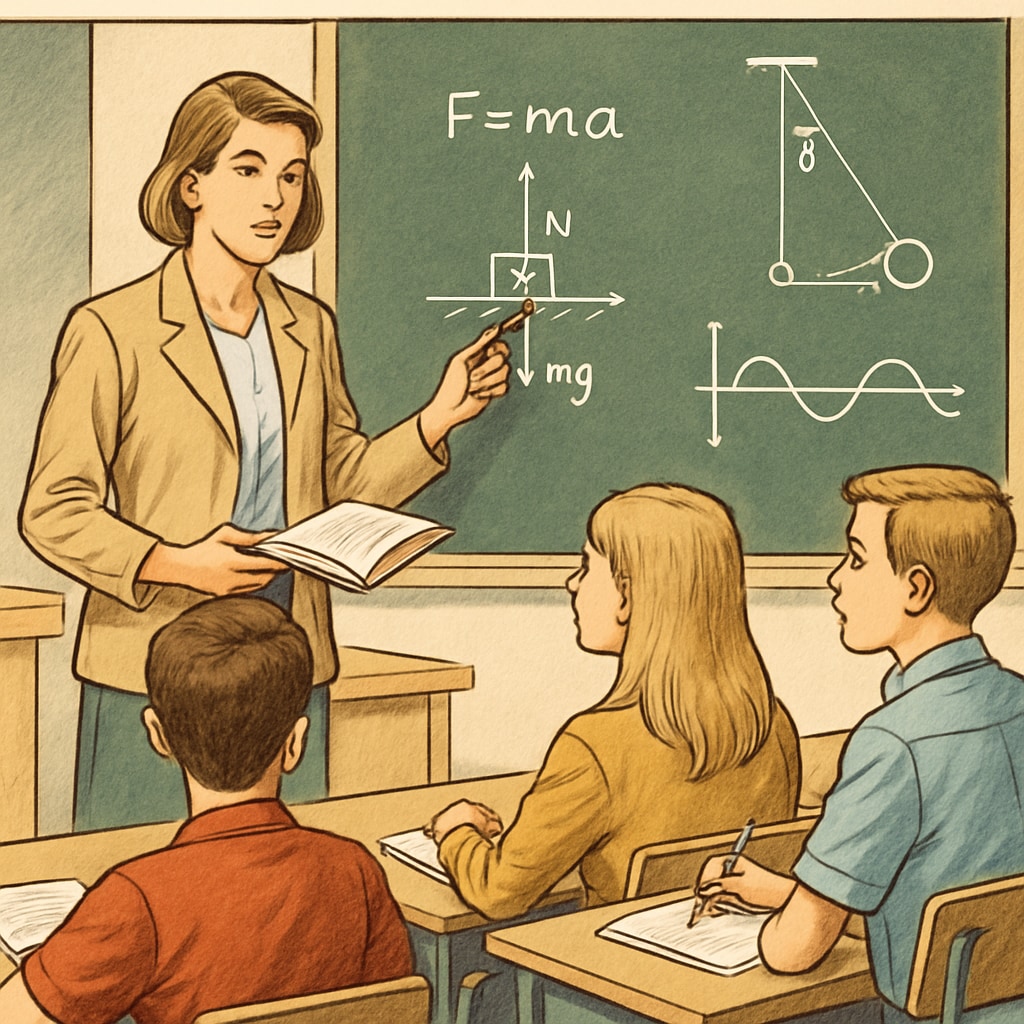 A teacher explaining physics concepts to students in a classroom, emphasizing the need for professional accuracy.