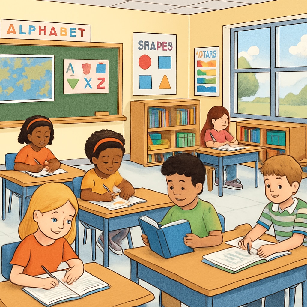 A bright and welcoming elementary school classroom with students actively engaging in different activities. Elementary school classroom environment illustrating public school evaluation standards