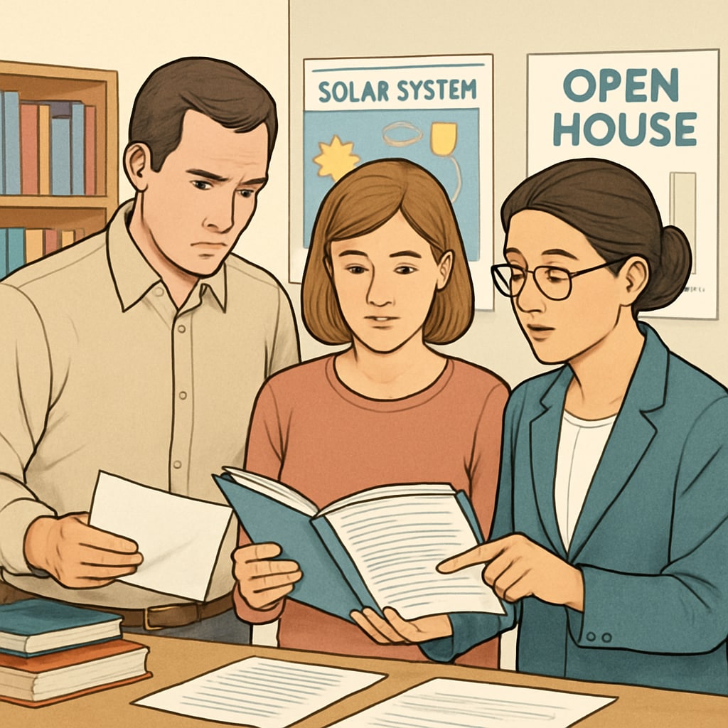 Parents speaking with a teacher during a school open house, reviewing classroom materials and asking questions. Parents interacting with teachers during a school visit to assess public school quality