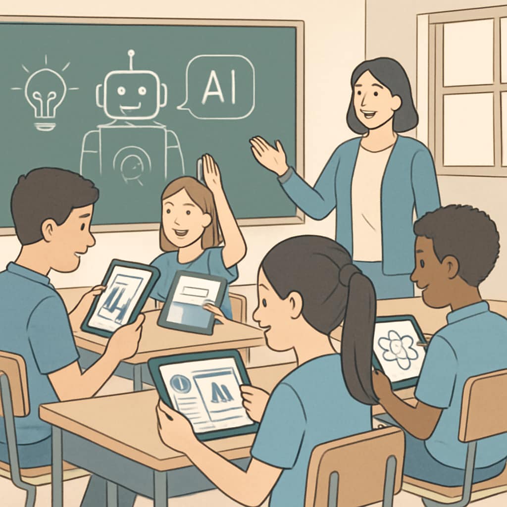 Students using AI tools in a classroom setting to enhance learning outcomes.