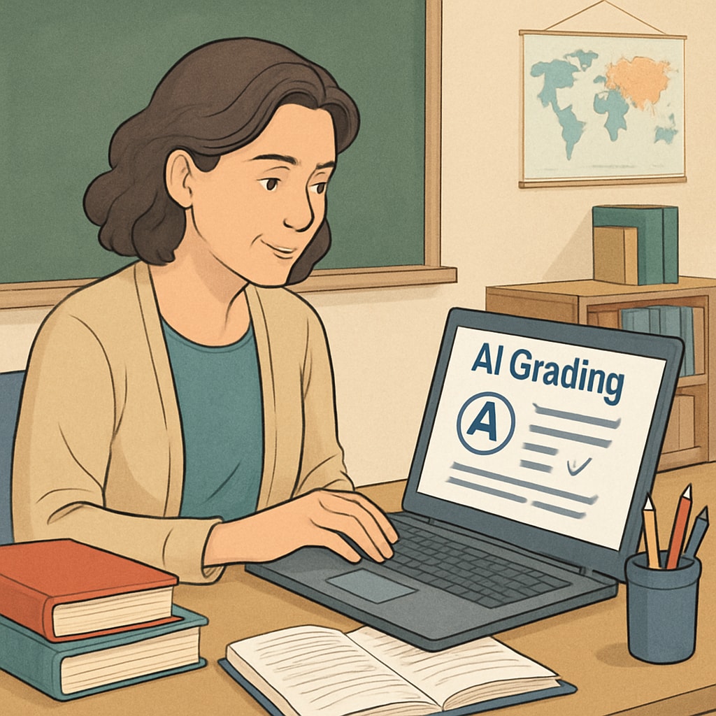 AI grading tool assisting teacher in education, reducing workload.