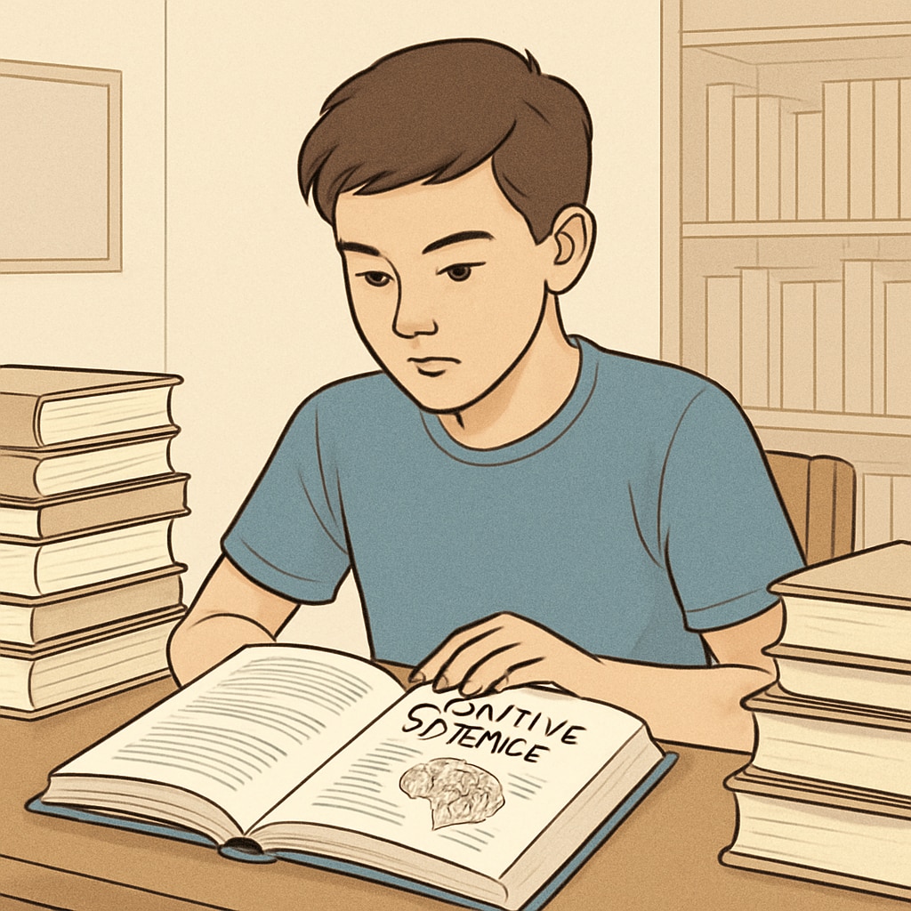 Teen learning cognitive science with books and desk setup.