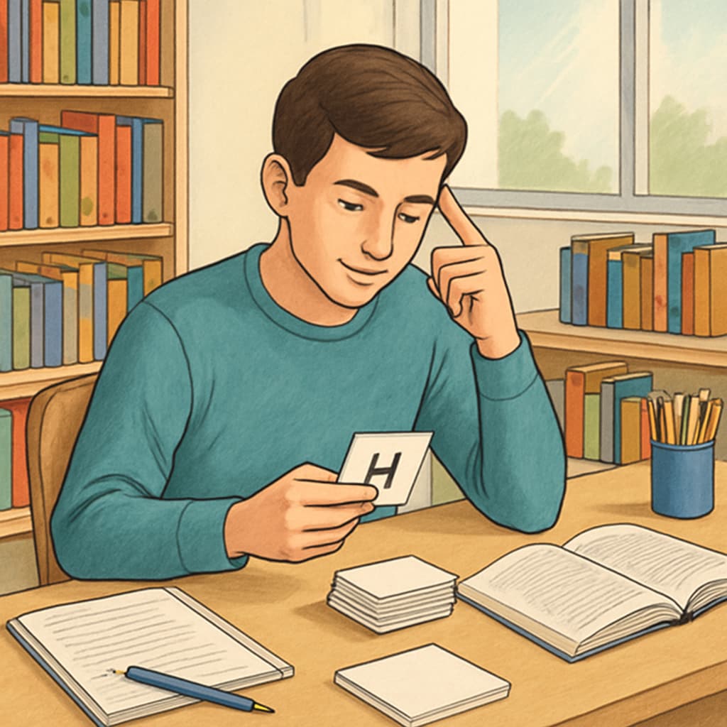 Student practicing memory techniques with flashcards.