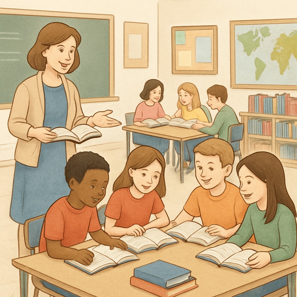 Teacher demonstrating whole language reading method in a classroom.