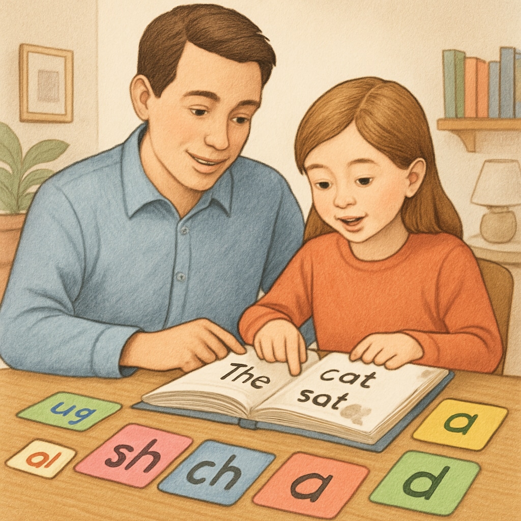 Parent and child practicing phonics reading activities together.