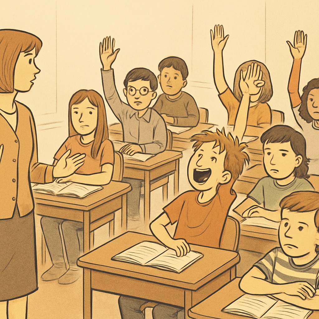 A classroom with students raising hands and one causing a disruption.