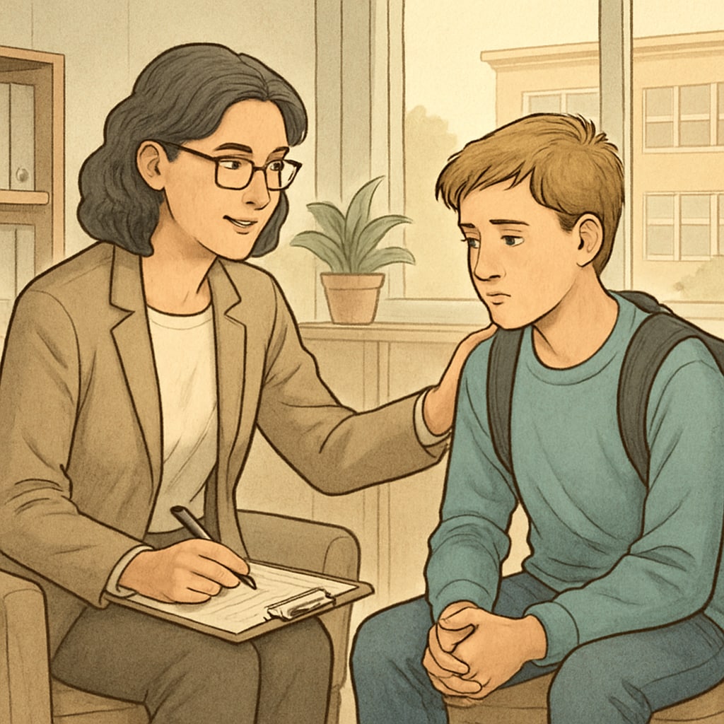 A counselor providing psychological support to a student in a school setting.