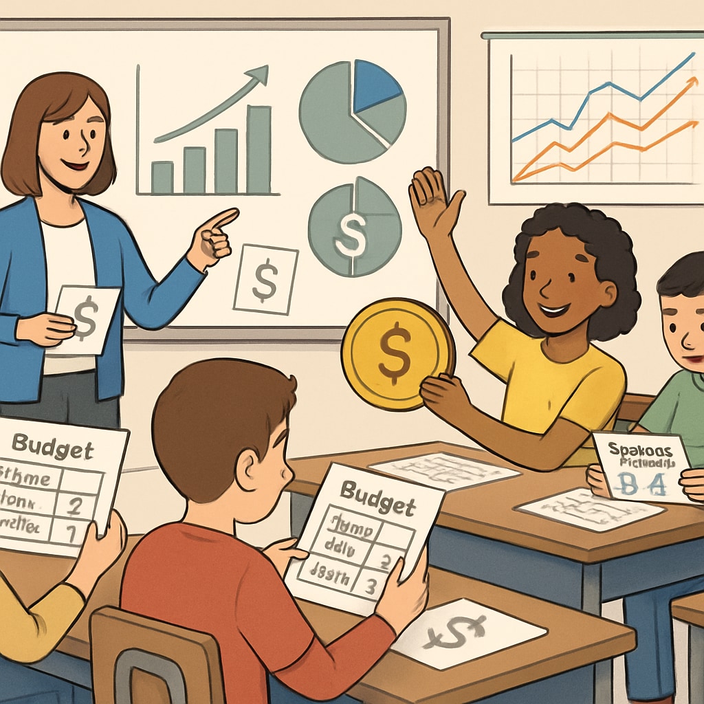 Students learning financial literacy in a classroom environment.