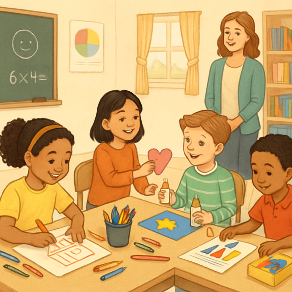 K12 children working on collaborative projects to develop creativity and emotional intelligence.