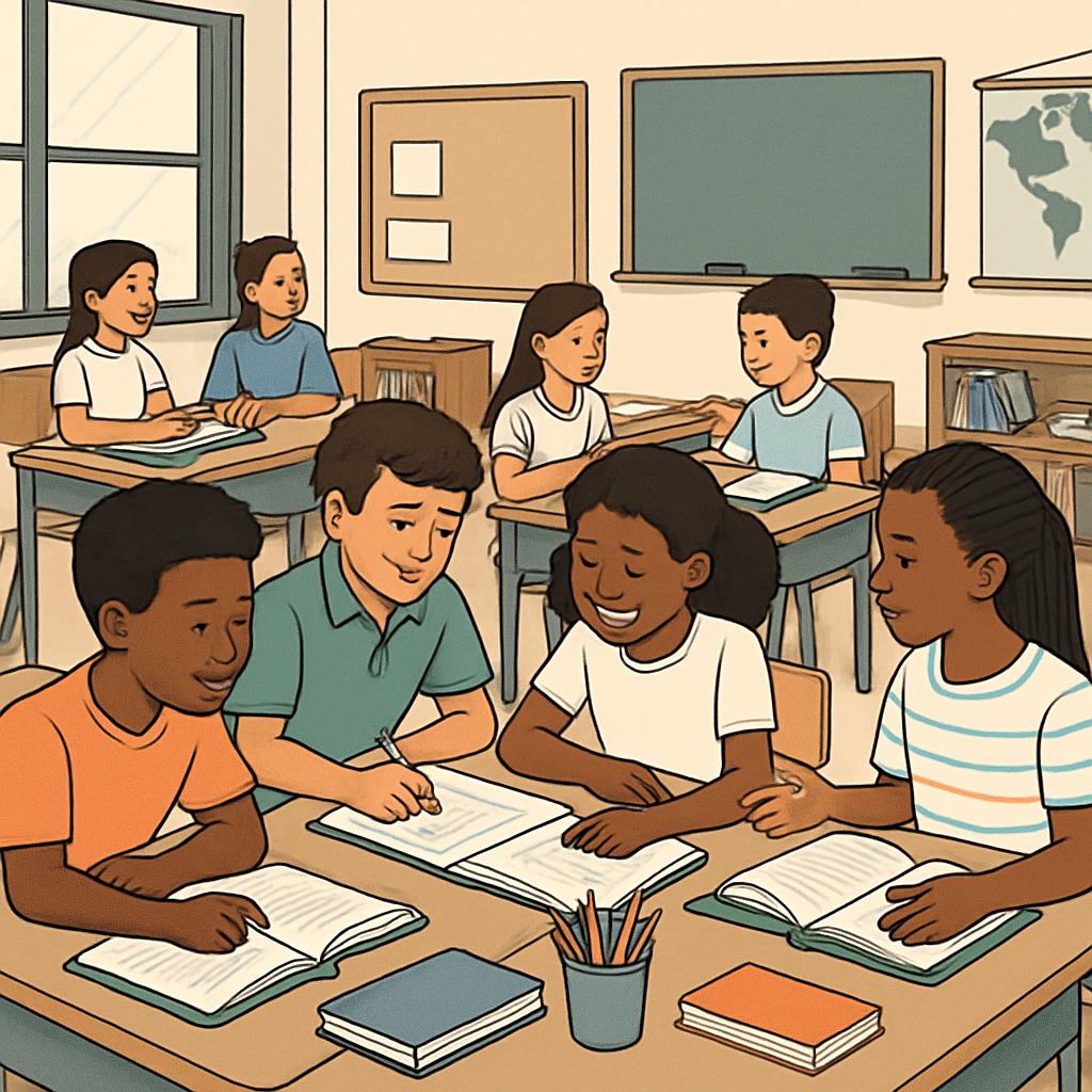 Students collaborating in a classroom to demonstrate inclusivity and growth-focused education.
